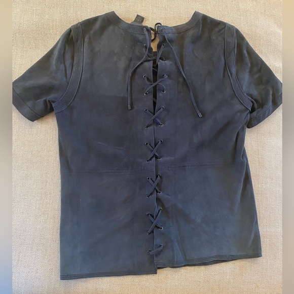 J CREW COLLECTION SUEDE LACED UP BACK TOP SZ 2 NAVY - Picture 6 of 6